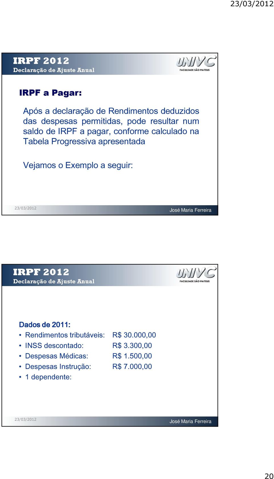 Vejamos o Exemplo a seguir: Dados de 2011: Rendimentos tributáveis: R$ 30.