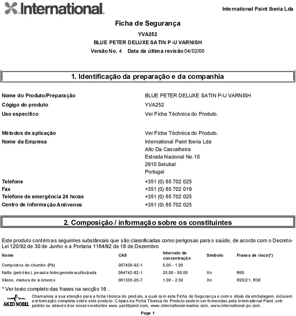 10 2910 Setubal Portugal Telefone +351 (0) 65 702 025 Fax +351 (0) 65 702 019 Telefone de emergência 24 horas +351 (0) 65 702 025 Centro de Informação Antivenos +351 (0) 65 702 025 2.