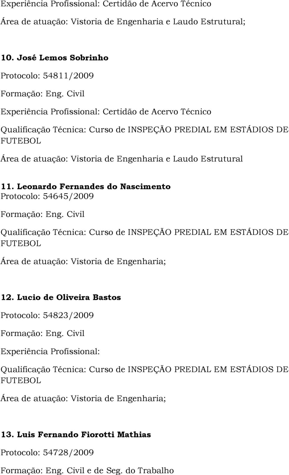 Engenharia e Laudo Estrutural 11. Leonardo Fernandes do Nascimento Protocolo: 54645/2009 12.