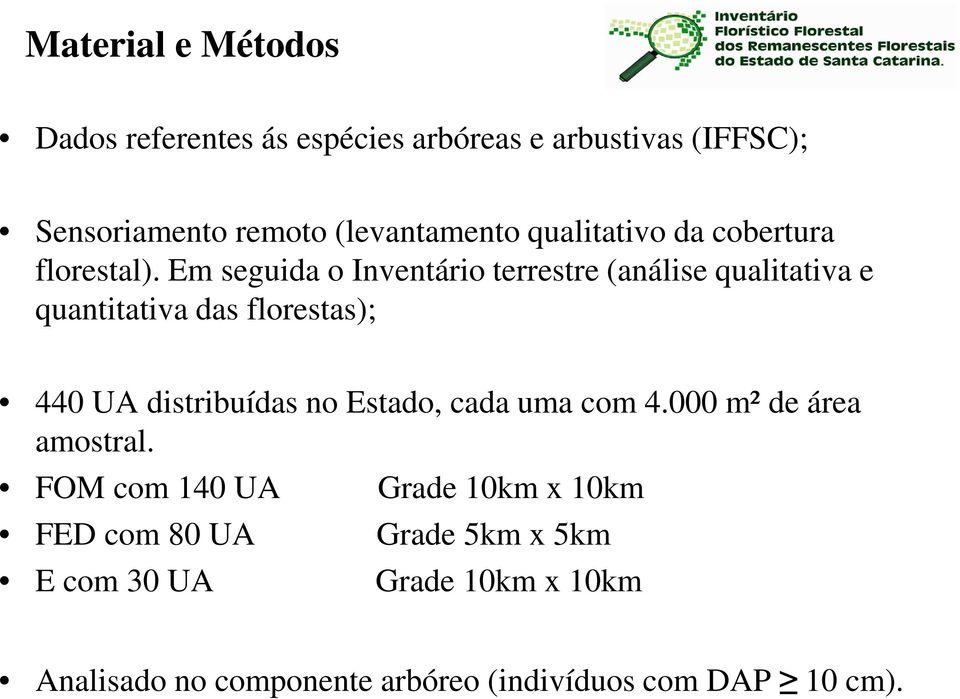 Em seguida o Inventário terrestre (análise qualitativa e quantitativa das florestas); 440 UA distribuídas no