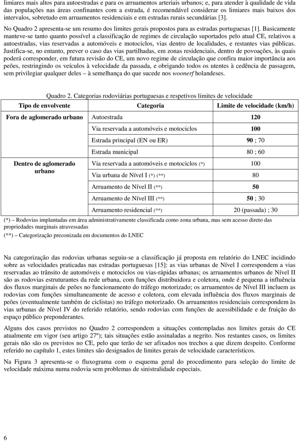 No Quadro 2 apresenta-se um resumo dos limites gerais propostos para as estradas portuguesas [1].