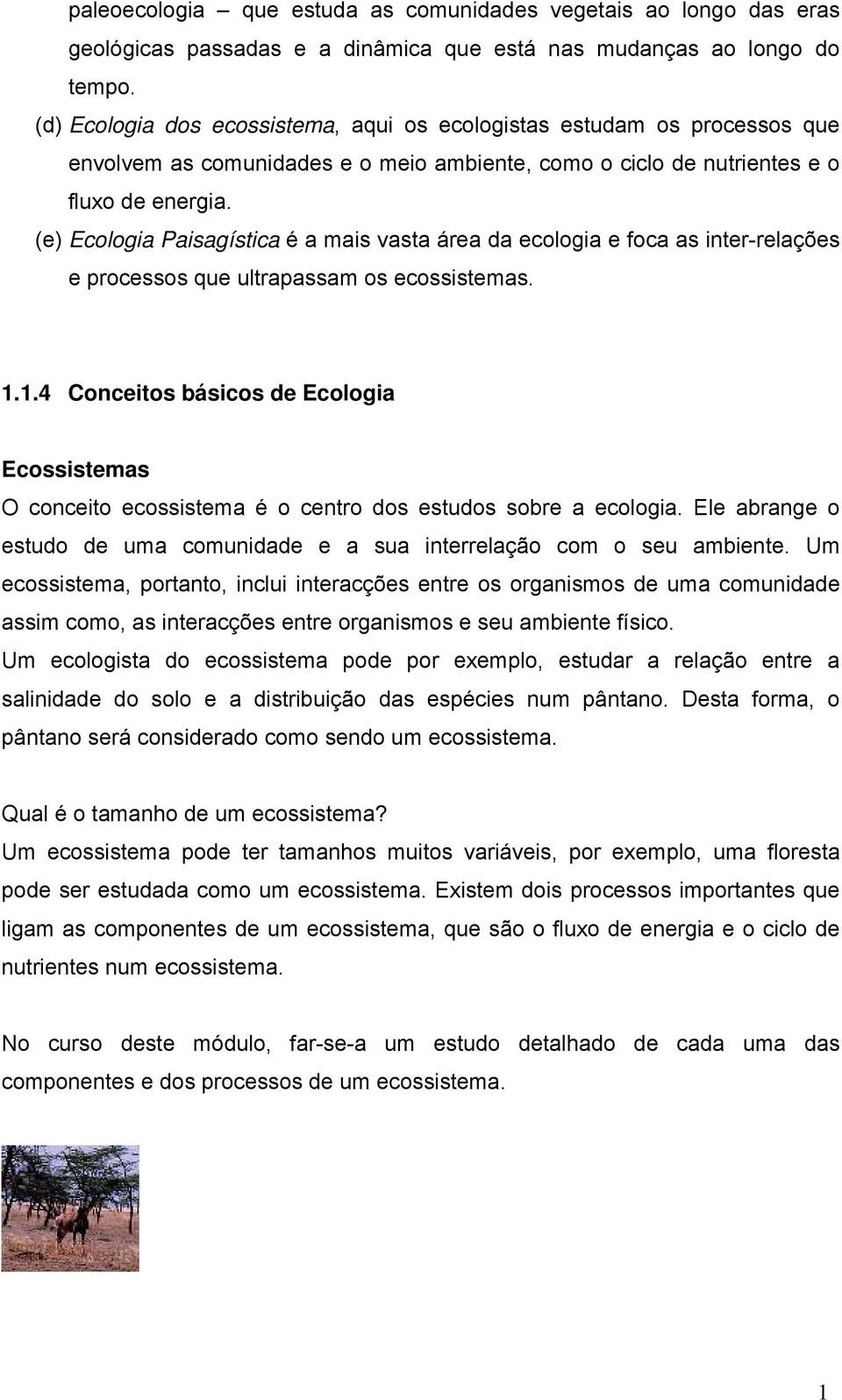 (e) Ecologia Paisagística é a mais vasta área da ecologia e foca as inter-relações e processos que ultrapassam os ecossistemas. 1.