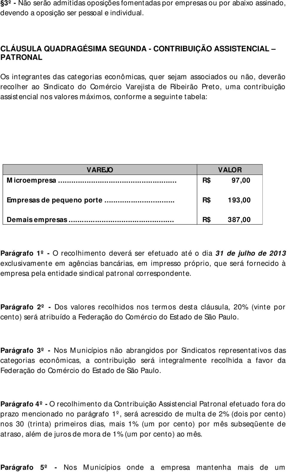 Ribeirão Preto, uma contribuição assistencial nos valores máximos, conforme a seguinte tabela: VAREJO Microempresa... Empresas de pequeno porte... Demais empresas.