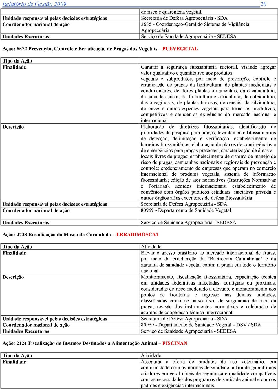 dos Vegetais PCEVEGETAL Tipo da Ação Finalidade Garantir a segurança fitossanitária nacional, visando agregar valor qualitativo e quantitativo aos produtos vegetais e subprodutos, por meio de