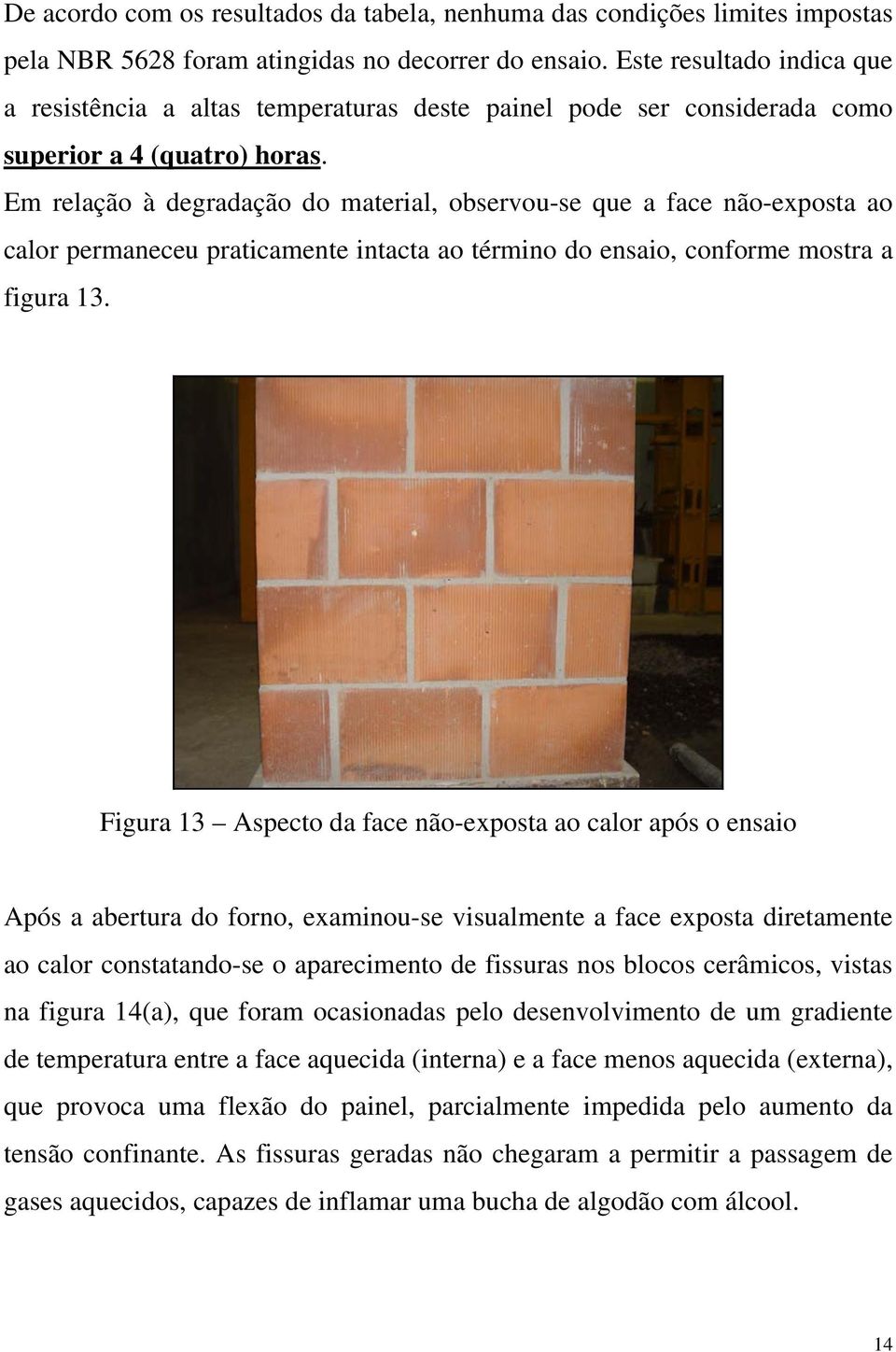 Em relação à degradação do material, observou-se que a face não-exposta ao calor permaneceu praticamente intacta ao término do ensaio, conforme mostra a figura 13.