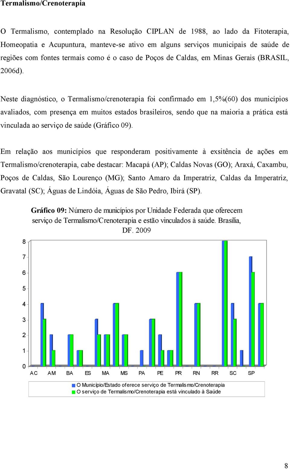 Neste diagnóstico, o Termalismo/crenoterapia foi confirmado em 1,%(60) dos municípios avaliados, com presença em muitos estados brasileiros, sendo que na maioria a prática está vinculada ao serviço