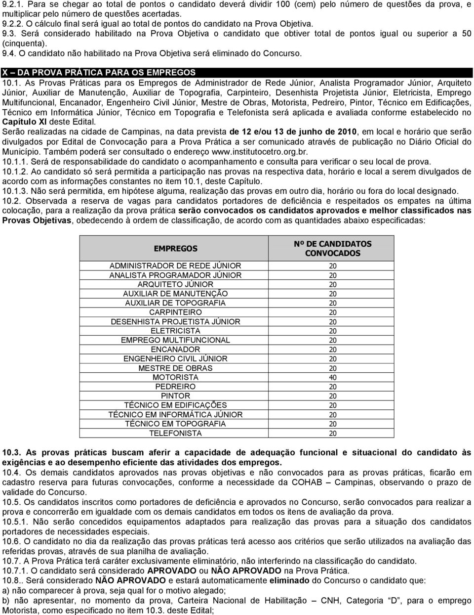 O candidato não habilitado na Prova Objetiva será eliminado do Concurso. X DA PROVA PRÁTICA PARA OS EMPREGOS 10