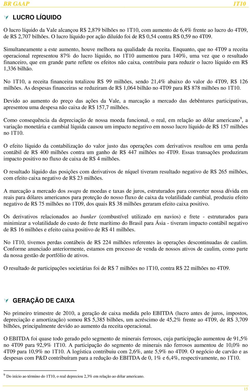 Enquanto, que no 4T09 a receita operacional representou 87% do lucro líquido, no aumentou para 140%, uma vez que o resultado financeiro, que em grande parte reflete os efeitos não caixa, contribuiu