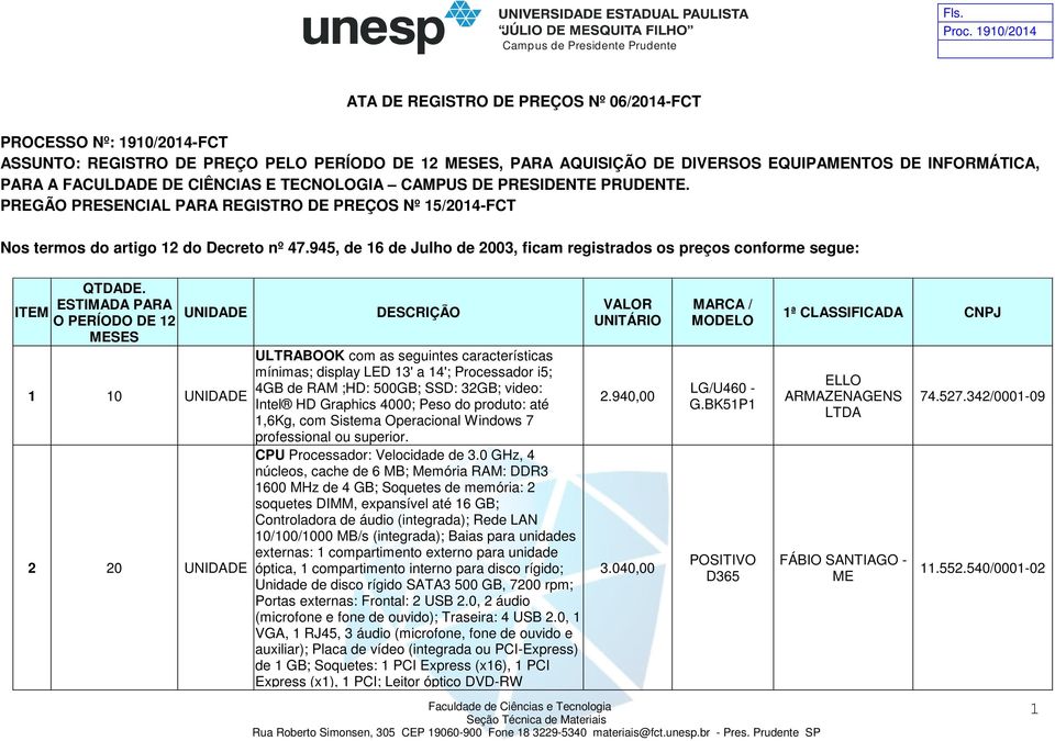 945, de 16 de Julho de 2003, ficam registrados os preços conforme segue: ITEM QTDADE.