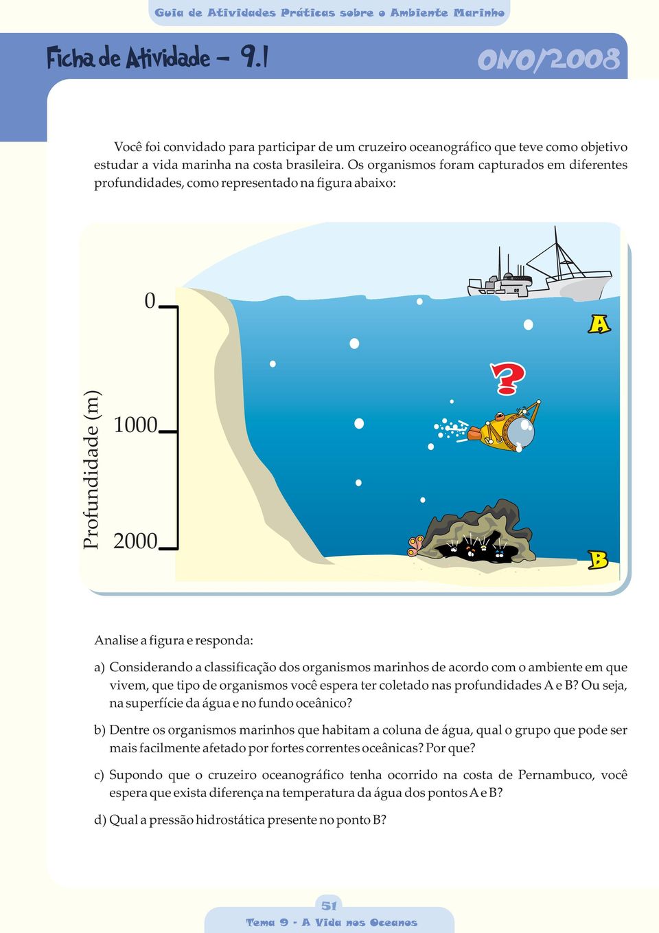 B Analise a figura e responda: a) Considerando a classificação dos organismos marinhos de acordo com o ambiente em que vivem, que tipo de organismos você espera ter coletado nas profundidades A e B?