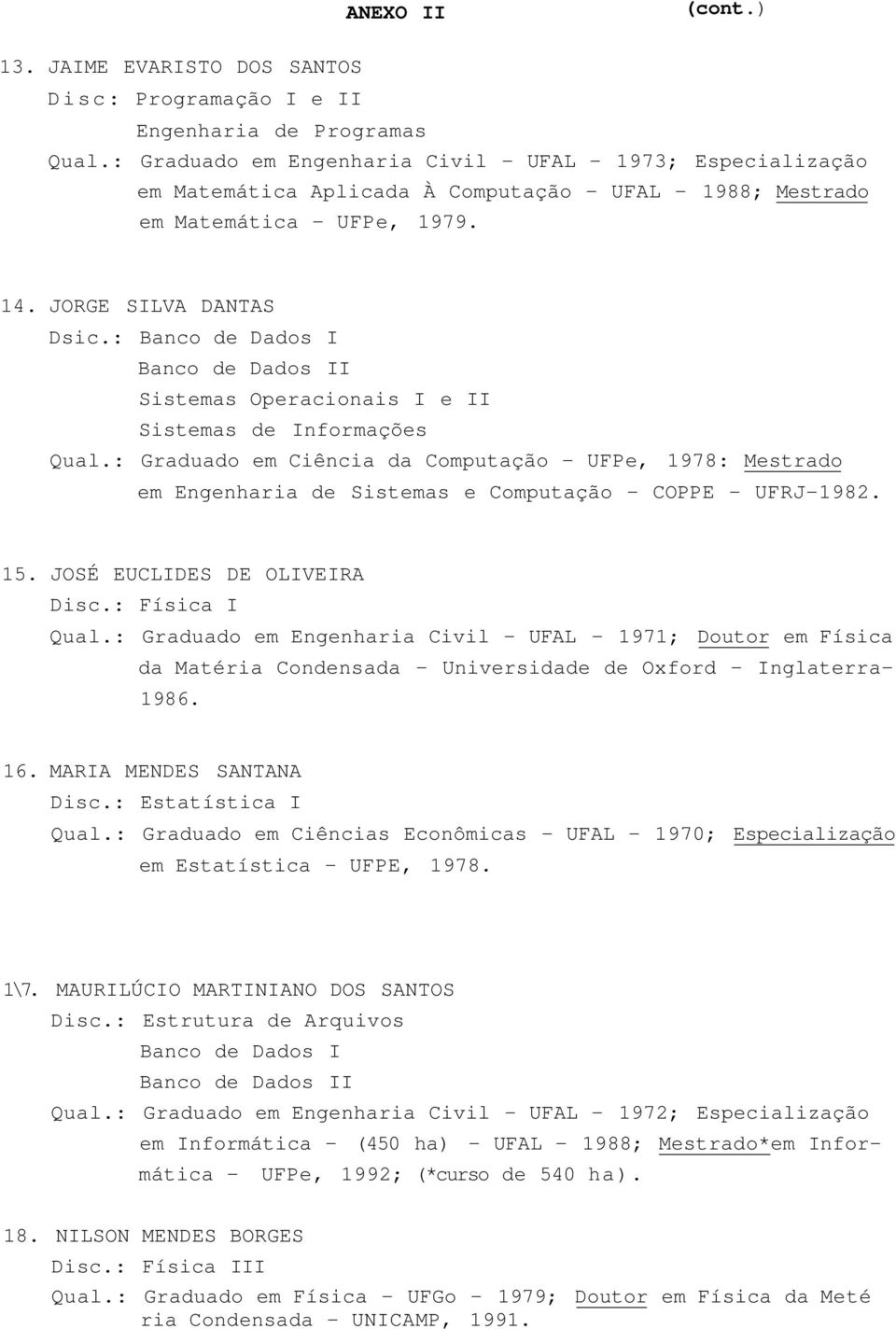 : Banco de Dados I Banco de Dados II Sistemas Operacionais I e II Sistemas de Informações Qual.