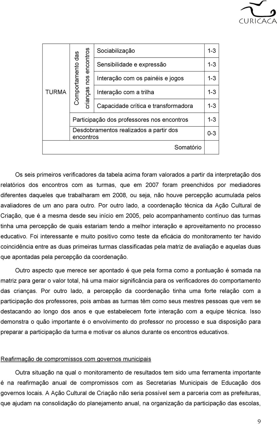 dos relatórios dos encontros com as turmas, que em 2007 foram preenchidos por mediadores diferentes daqueles que trabalharam em 2008, ou seja, não houve percepção acumulada pelos avaliadores de um