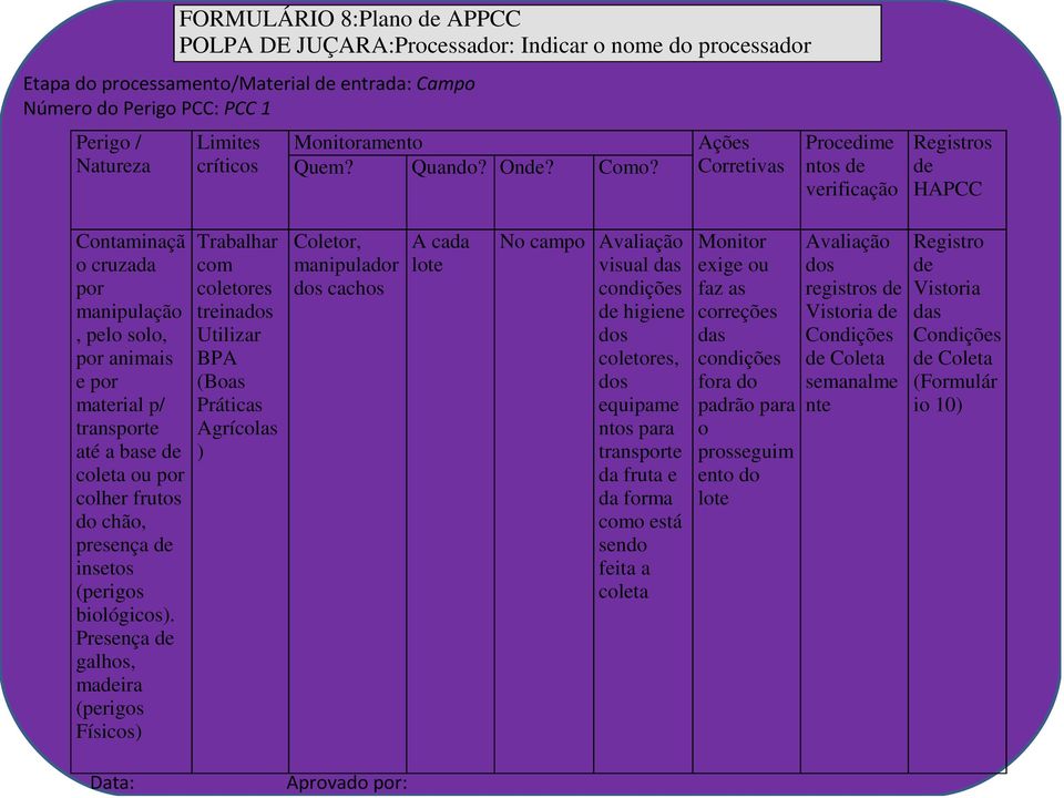 Ações Corretivas Procedime ntos de verificação Registros de HAPCC Contaminaçã o cruzada por manipulação, pelo solo, por animais e por material p/ transporte até a base de coleta ou por colher frutos