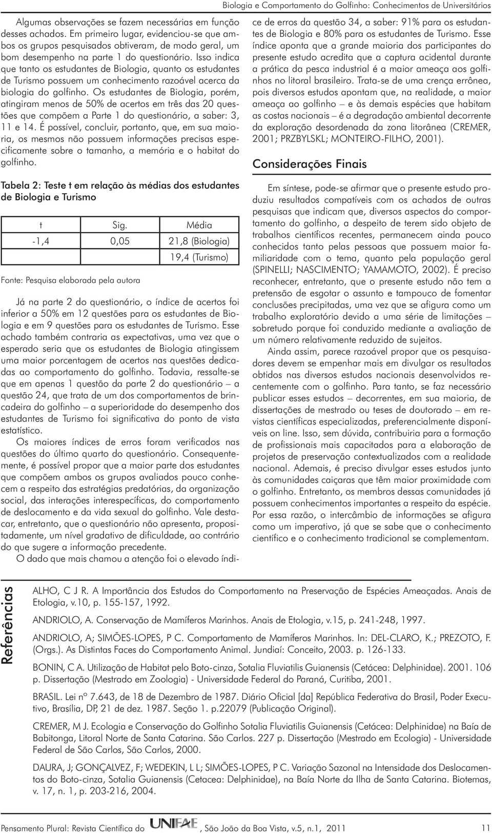 Isso indica que tanto os estudantes de Biologia, quanto os estudantes de Turismo possuem um conhecimento razoável acerca da biologia do golfinho.