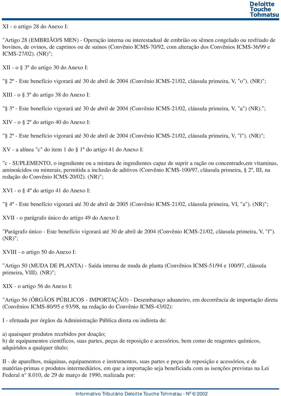 (NR)"; XII - o 3º do artigo 30 do Anexo I: " 2º - Este benefício vigorará até 30 de abril de 2004 (Convênio ICMS-21/02, cláusula primeira, V, "o").