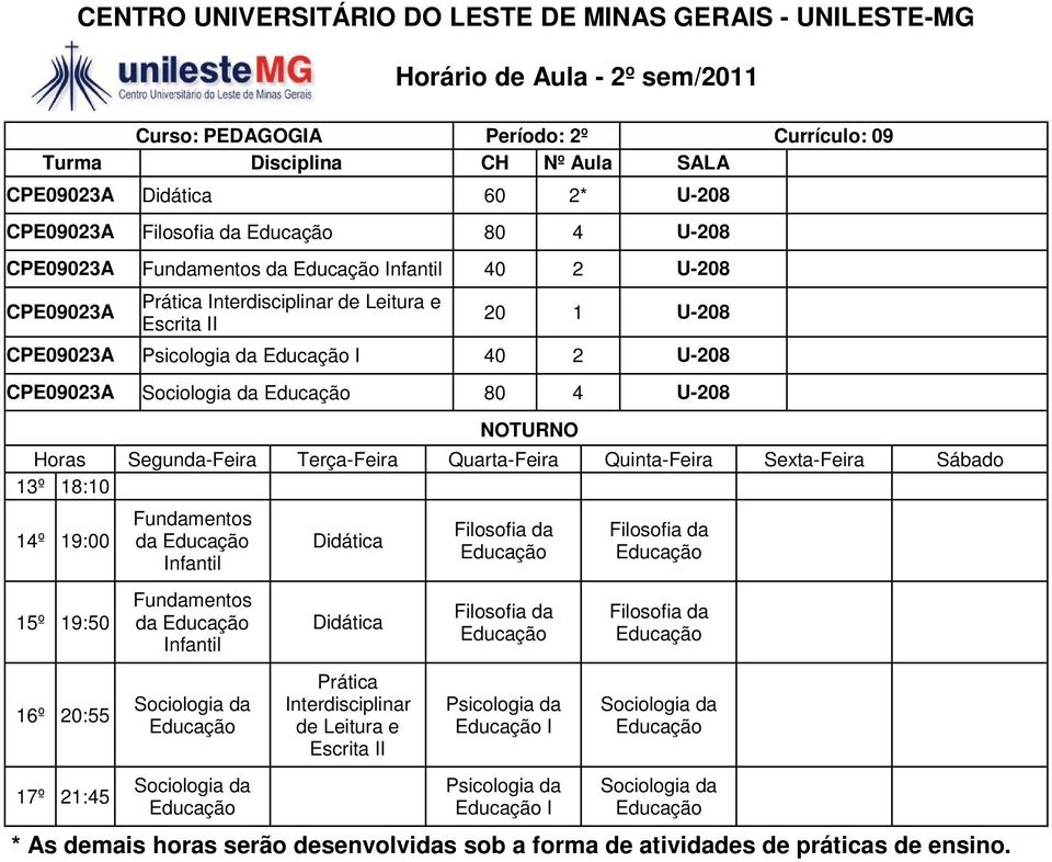 40 2 U-208 CPE09023A 80 4 U-208 Fundamentos da Didática Fundamentos da Didática Prática Interdisciplinar de