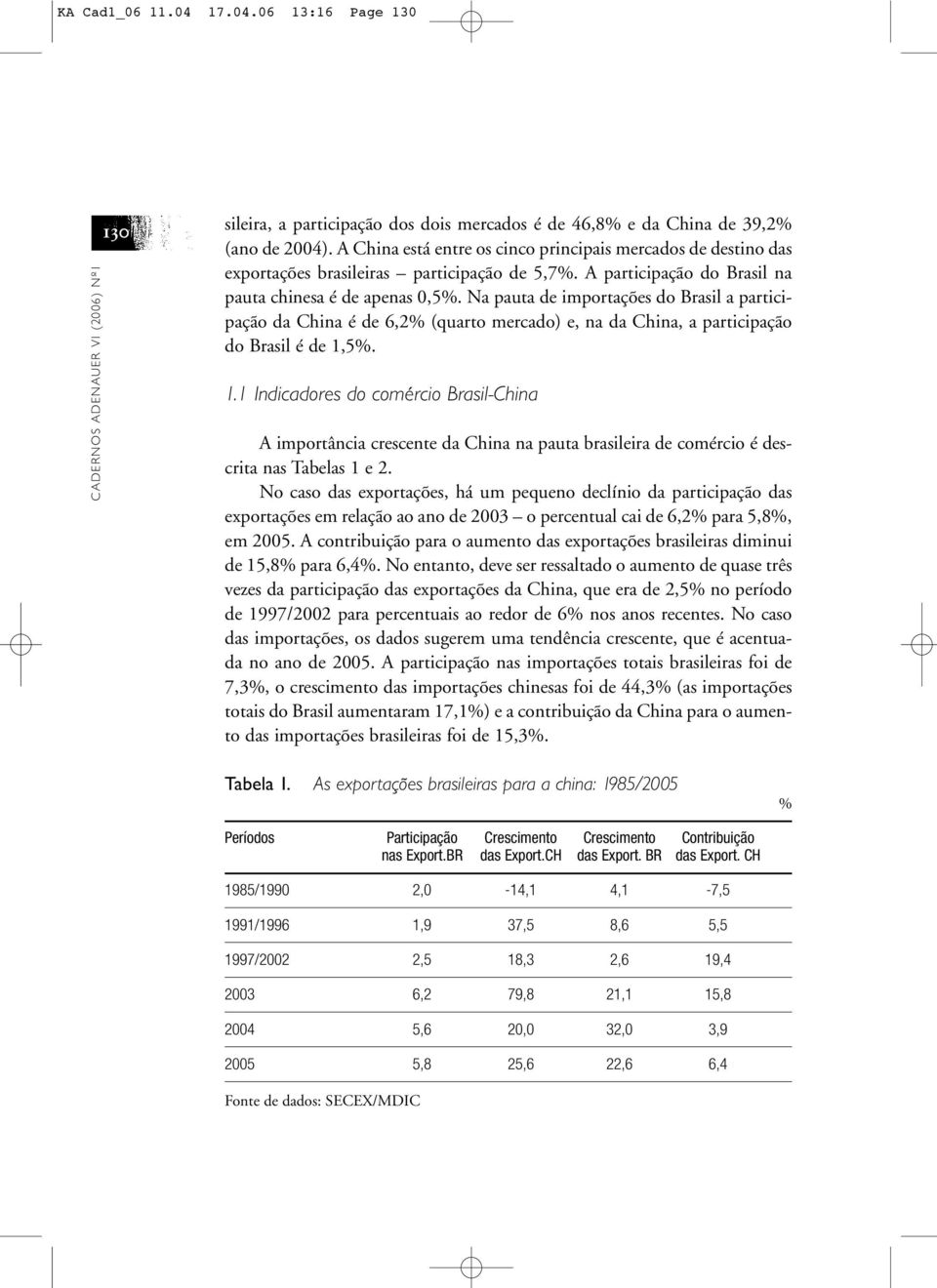 Na pauta de importações do Brasil a participação da China é de 6,2% (quarto mercado) e, na da China, a participação do Brasil é de 1,