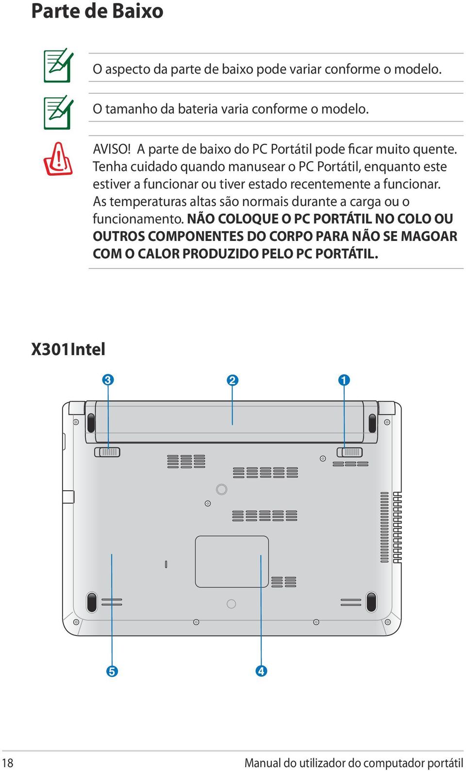 Tenha cuidado quando manusear o PC Portátil, enquanto este estiver a funcionar ou tiver estado recentemente a funcionar.