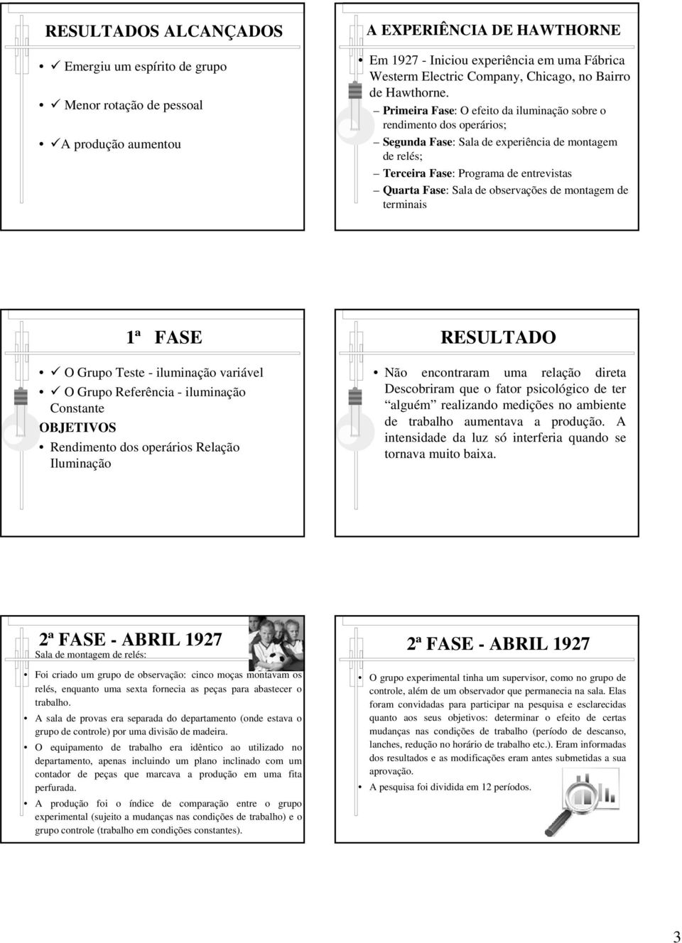 Primeira Fase: O efeito da iluminação sobre o rendimento dos operários; Segunda Fase: Sala de experiência de montagem de relés; Terceira Fase: Programa de entrevistas Quarta Fase: Sala de observações