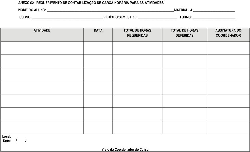 ATIVIDADE DATA TOTAL DE HORAS REQUERIDAS TOTAL DE HORAS DEFERIDAS