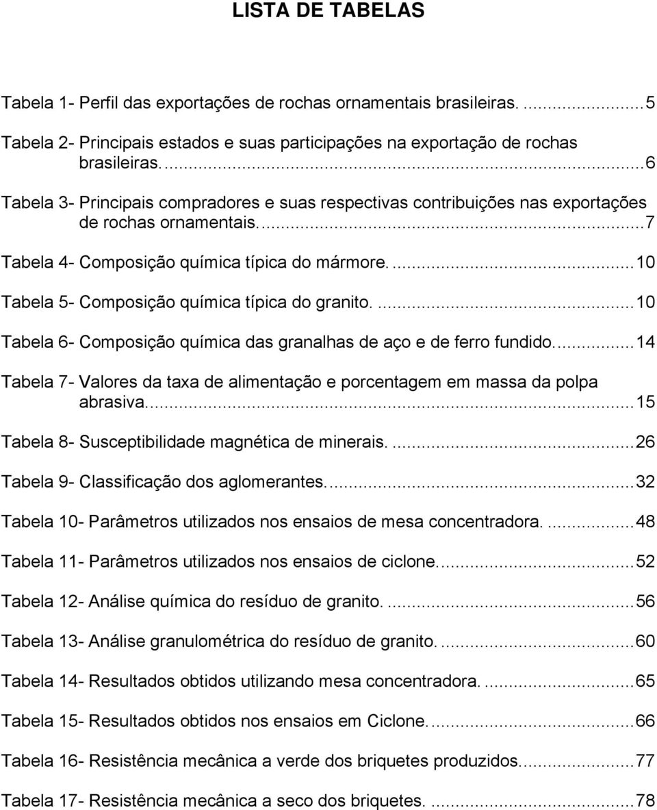 ...10 Tabela 5- Composição química típica do granito....10 Tabela 6- Composição química das granalhas de aço e de ferro fundido.