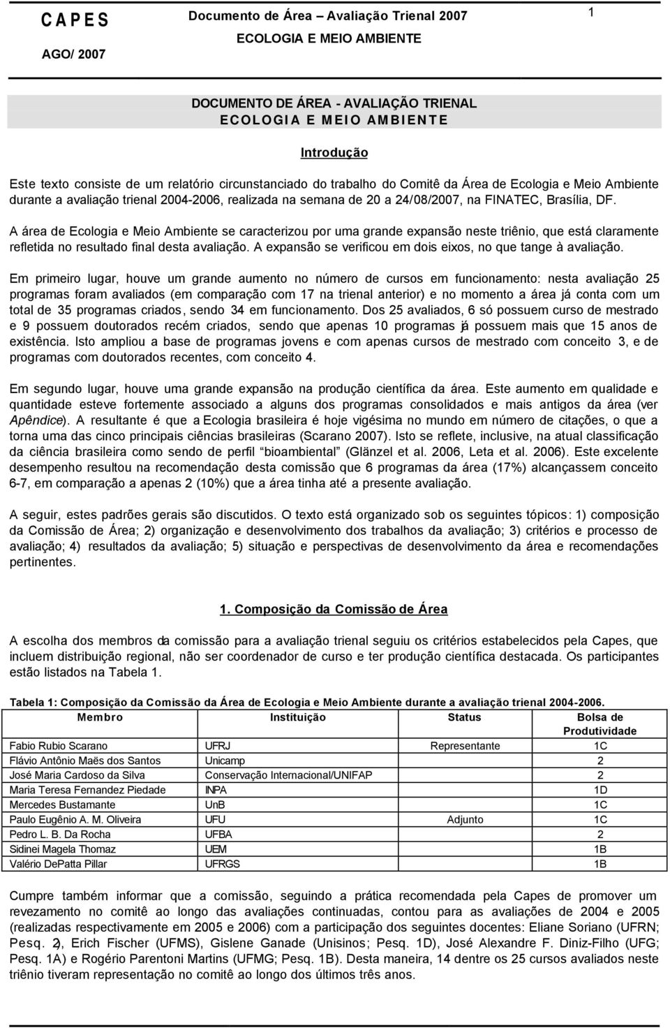 A área de Ecologia e Meio Ambiente se caracterizou por uma grande expansão neste triênio, que está claramente refletida no resultado final desta avaliação.