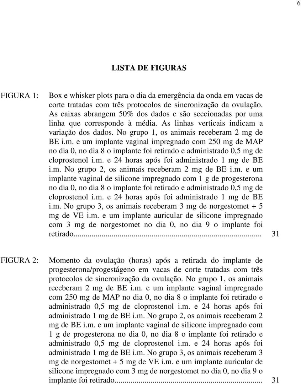 m. e 24 horas após foi administrado 1 mg de BE i.m. No grupo 2, os animais receberam 2 mg de BE i.m. e um implante vaginal de silicone impregnado com 1 g de progesterona no dia 0, no dia 8 o implante foi retirado e administrado 0,5 mg de cloprostenol i.