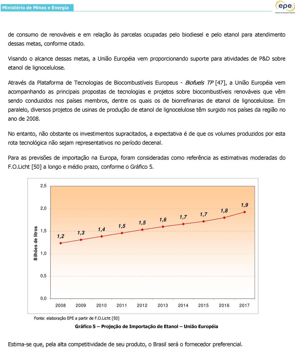 Através da Plataforma de Tecnologias de Biocombustíveis Europeus - Biofuels TP [47], a União Européia vem acompanhando as principais propostas de tecnologias e projetos sobre biocombustíveis