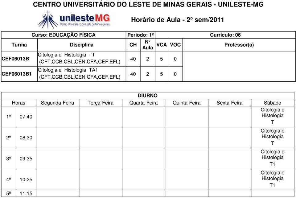 e Histologia TA1 (CFT,CCB,CBL,CEN,CFA,CEF,EFL) 40 2 5 0 Citologia e 1º 07:40 Histologia T 2º