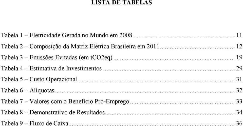 .. 12 Tabela 3 Emissões Evitadas (em tco2eq)... 19 Tabela 4 Estimativa de Investimentos.