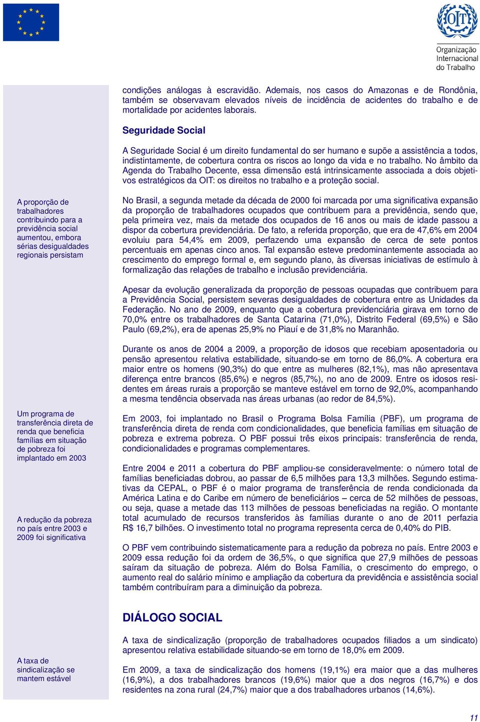 No âmbito da Agenda Decente, essa dimensão está intrinsicamente associada a dois objetivos estratégicos da OIT: os direitos no trabalho e a proteção social.