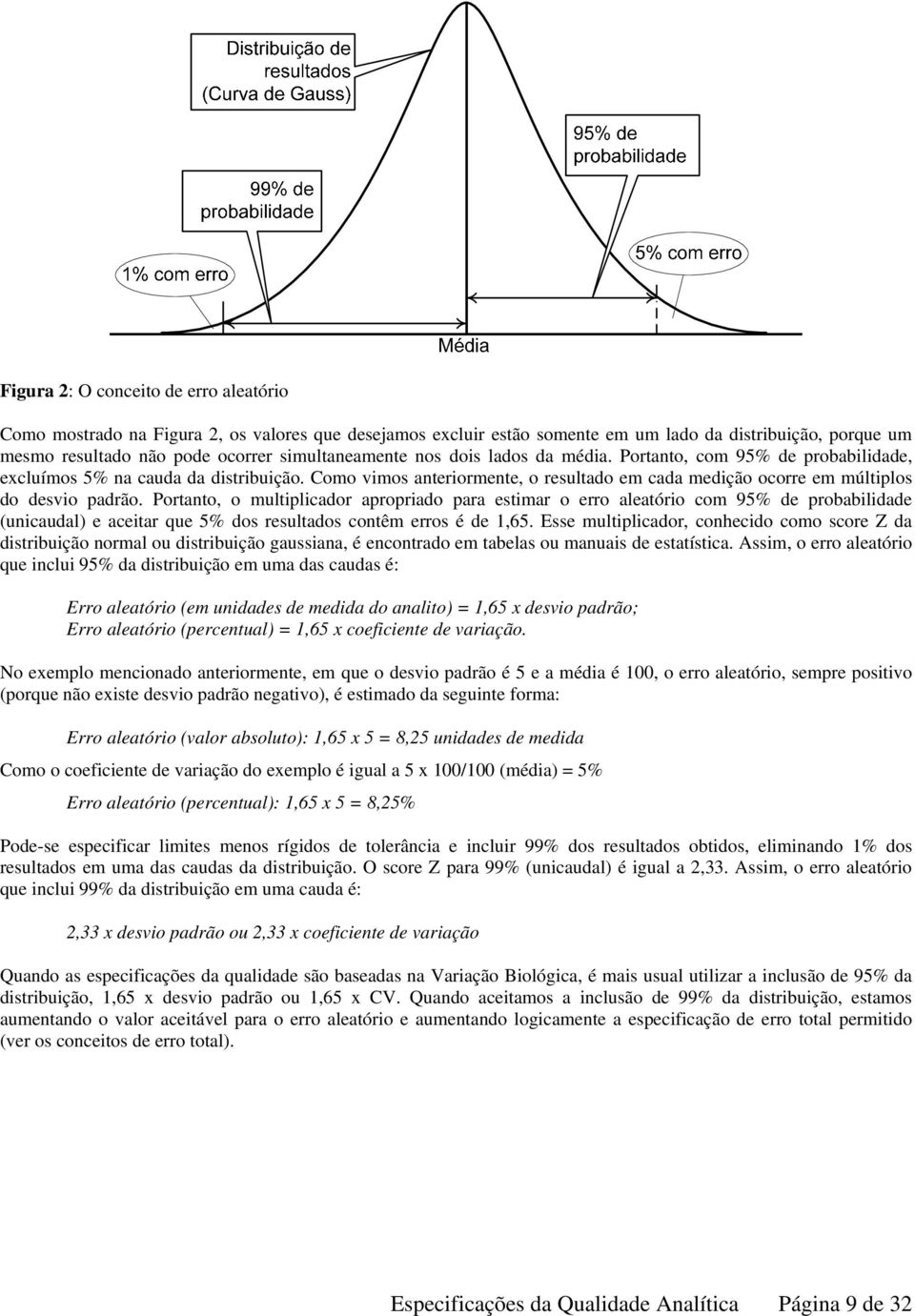 Portanto, o multiplicador apropriado para estimar o erro aleatório com 95% de probabilidade (unicaudal) e aceitar que 5% dos resultados contêm erros é de 1,65.