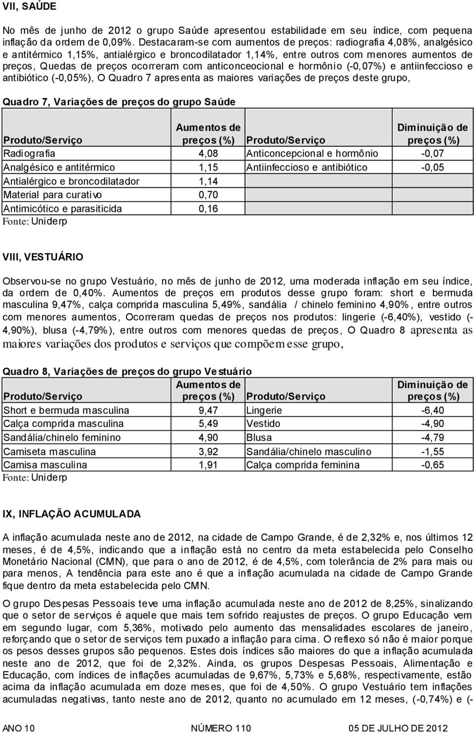 com anticonceocional e hormônio (-0,07%) e antiinfeccioso e antibiótico (-0,05%), O Quadro 7 apresenta as maiores variações de preços deste grupo, Quadro 7, Variações de preços do grupo Saúde