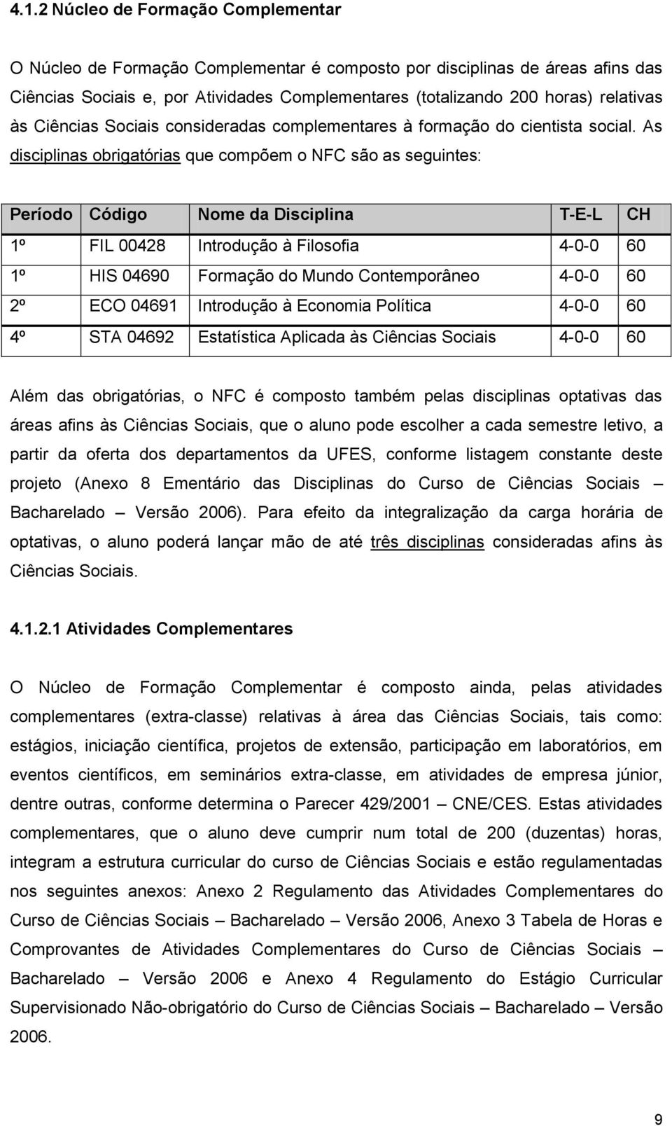 As disciplinas obrigatórias que compõem o NFC são as seguintes: Período Código Nome da Disciplina T-E-L CH 1º FIL 00428 Introdução à Filosofia 4-0-0 60 1º HIS 04690 Formação do Mundo Contemporâneo