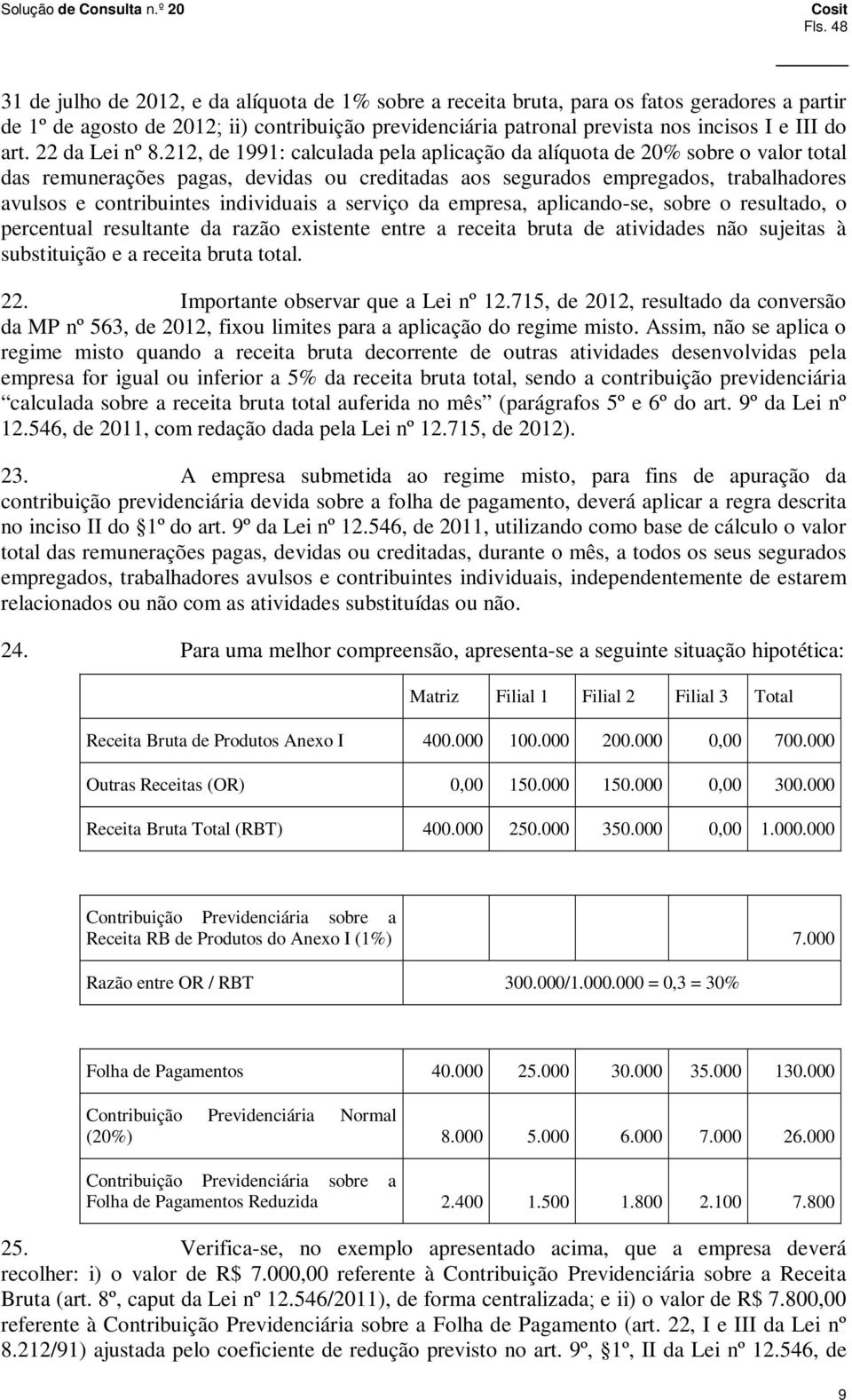 212, de 1991: calculada pela aplicação da alíquota de 20% sobre o valor total das remunerações pagas, devidas ou creditadas aos segurados empregados, trabalhadores avulsos e contribuintes individuais