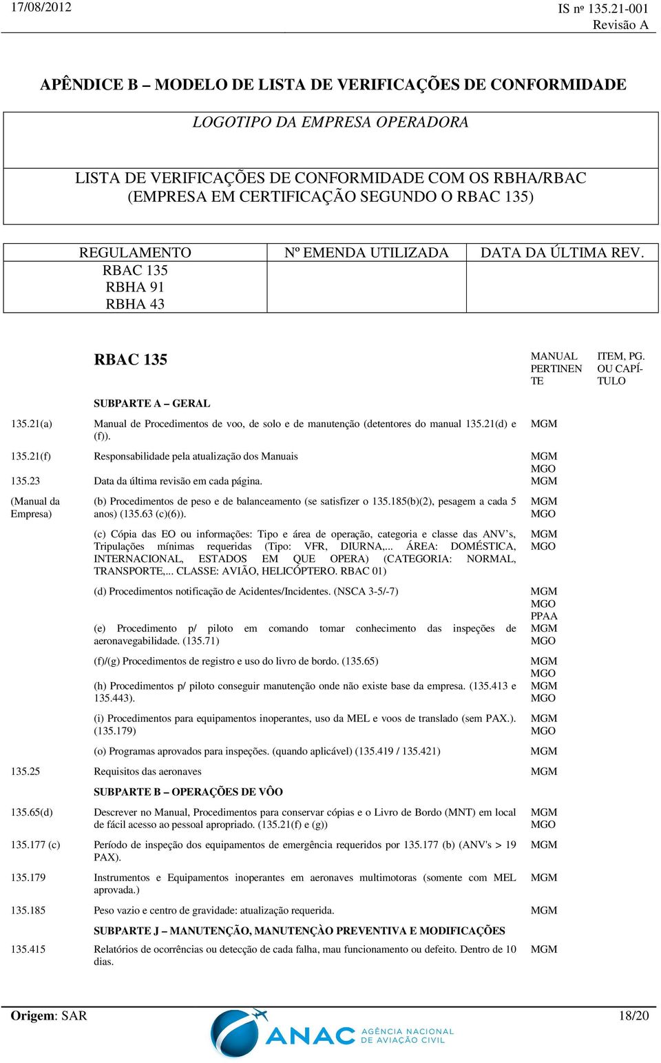 21(a) Manual de Procedimentos de voo, de solo e de manutenção (detentores do manual 135.21(d) e (f)). 135.21(f) Responsabilidade pela atualização dos Manuais MGO 135.