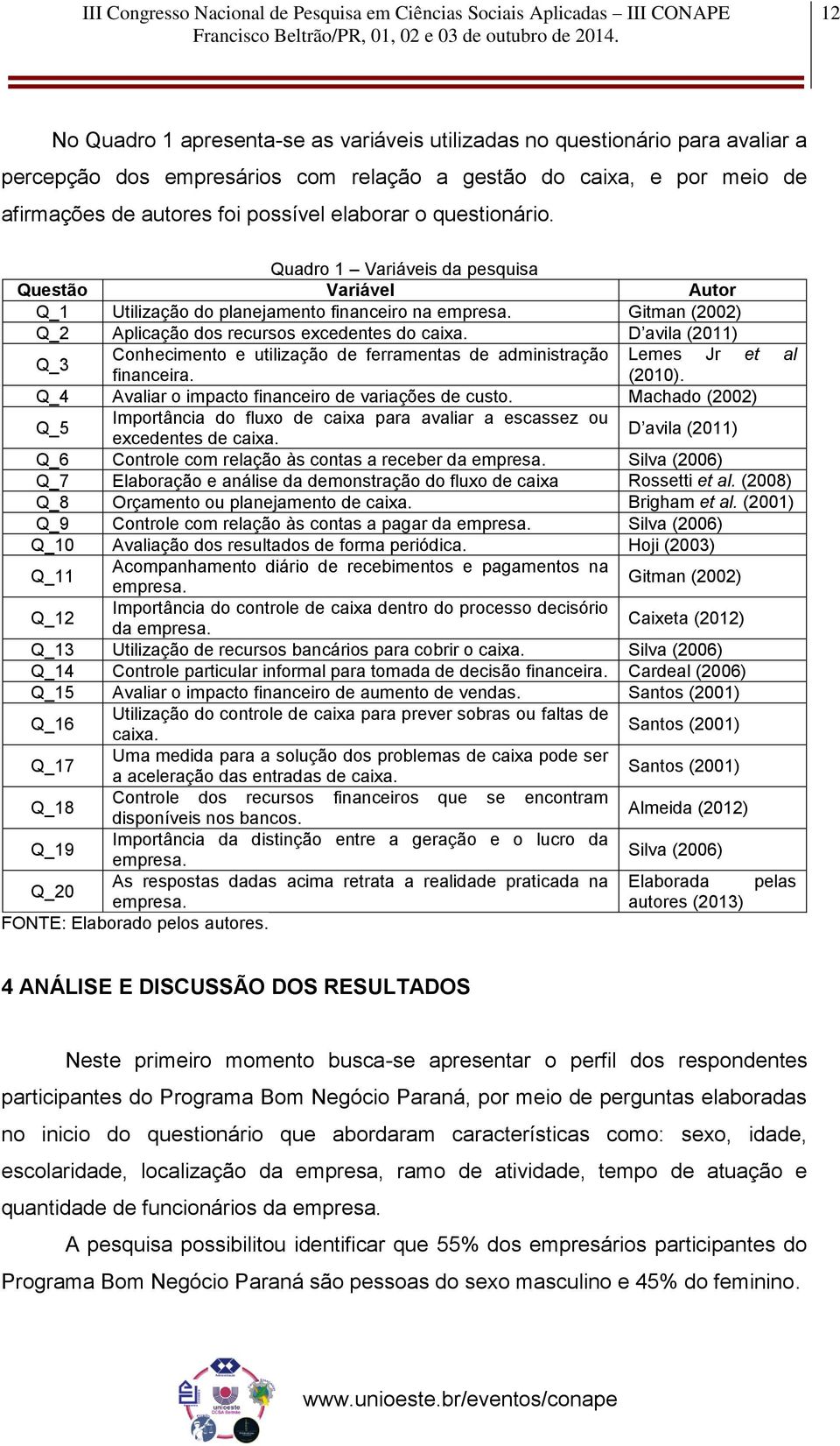 D avila (2011) Q_3 Conhecimento e utilização de ferramentas de administração Lemes Jr et al financeira. (2010). Q_4 Avaliar o impacto financeiro de variações de custo.