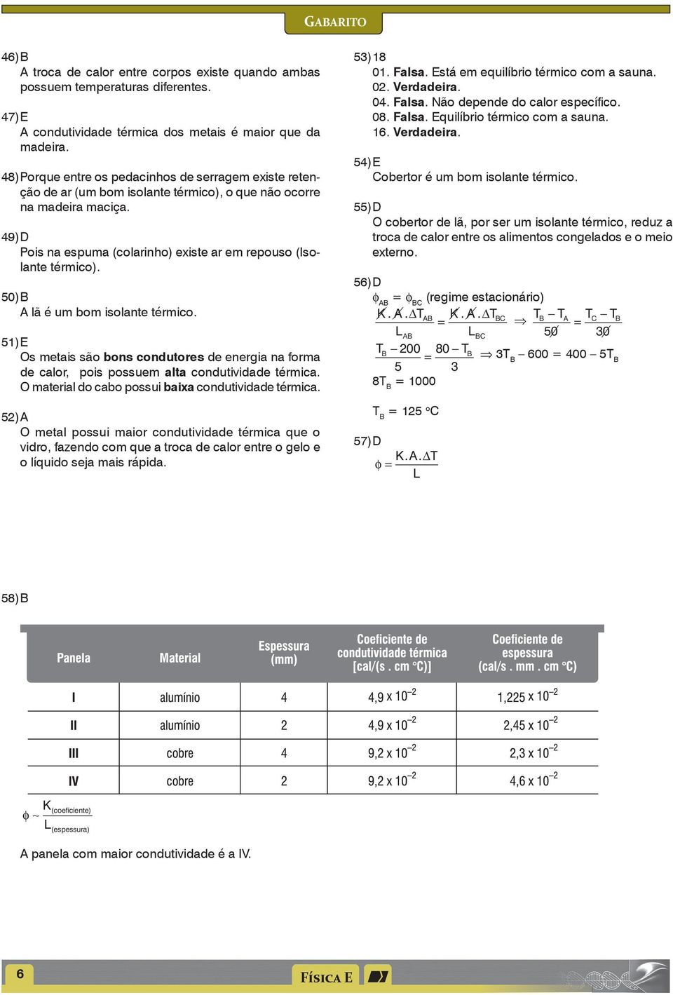 50) B A lã é um bm islante térmic. 51) E Os metais sã bns cndutres de energia na frma de calr, pis pssuem alta cndutividade térmica. O material d cab pssui baixa cndutividade térmica.