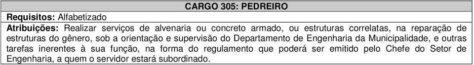 do Departamento de Engenharia da Municipalidade, e outras tarefas inerentes à sua função, na forma do