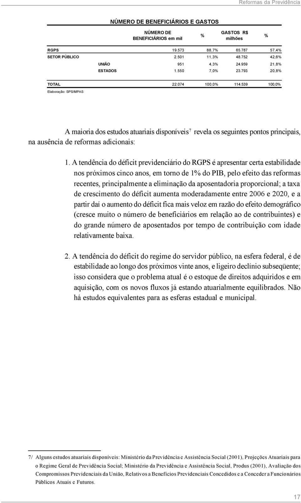 539 100,0% Elaboração: SPS/MPAS A maioria dos estudos atuariais disponíveis 7 revela os seguintes pontos principais, na ausência de reformas adicionais: 1.