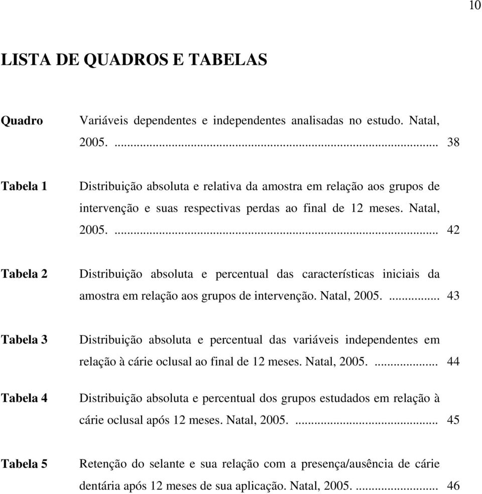 ... 42 Tabela 2 Distribuição absoluta e percentual das características iniciais da amostra em relação aos grupos de intervenção. Natal, 2005.