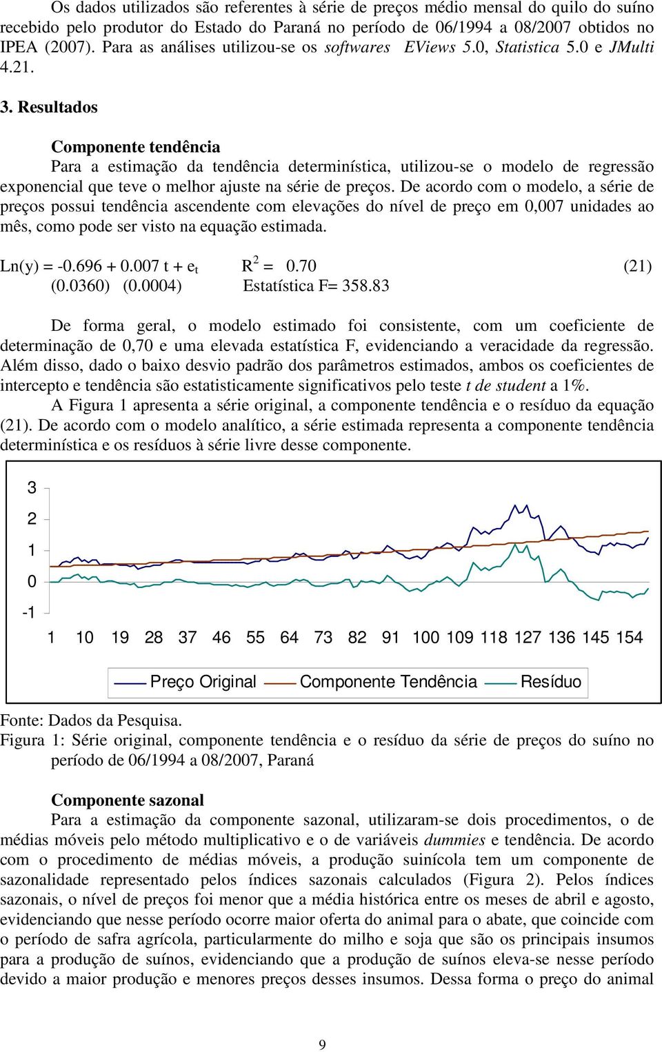 Resulados Componene endência Para a esimação da endência deerminísica, uilizou-se o modelo de regressão exponencial que eve o melhor ajuse na série de preços.