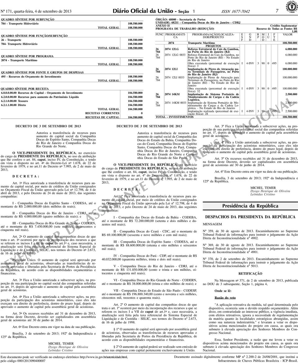 580.000 TOTAL GERAL 08.580.000 QUADRO SÍNTESE POR RECEITA 6.0.0.0.00.00 Recursos de Capital - Orçamento de Investimento 04.580.000 6.2.0.0.00.00 Recursos para aumento do Patrimônio Líquido 04.580.000 6.2..0.00.00 Te s o u ro 04.