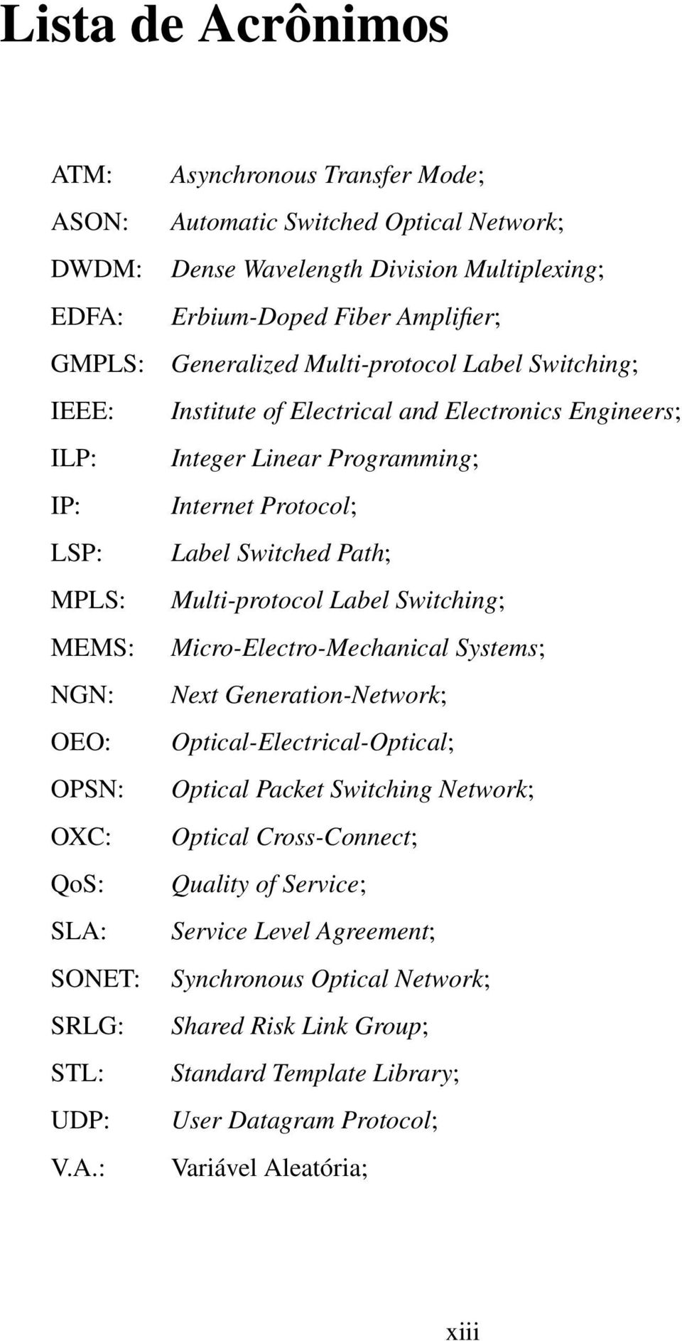 M: ASON: DWDM: EDFA: GMPLS: IEEE: ILP: IP: LSP: MPLS: MEMS: NGN: OEO: OPSN: OXC: QoS: SLA: SONET: SRLG: STL: UDP: V.A.: Asynchronous Transfer Mode; Automatic Switched Optical Network; Dense