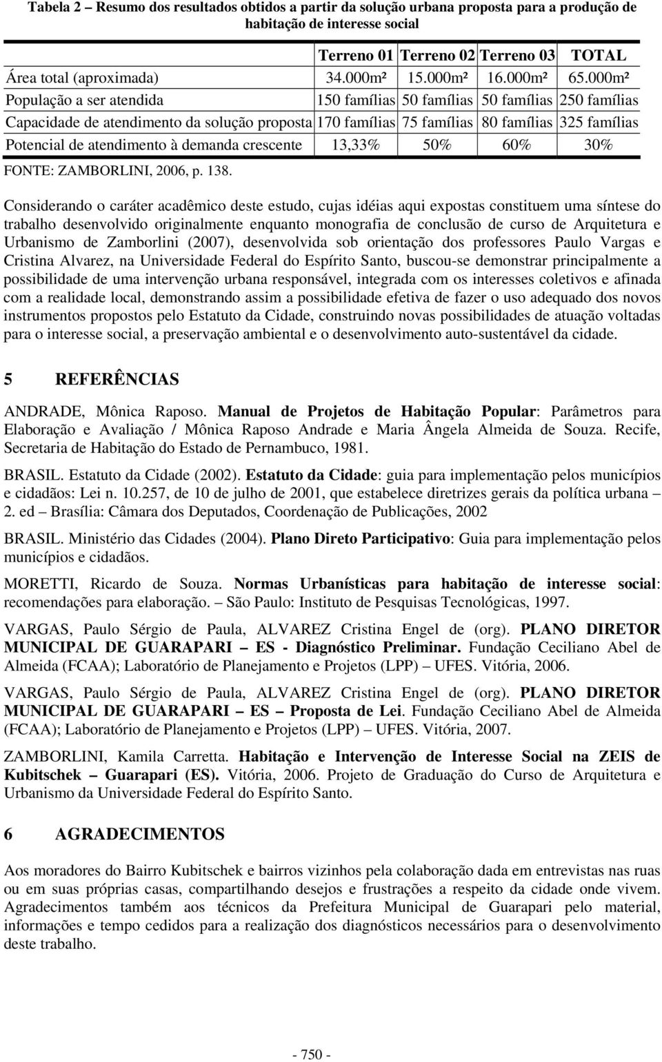 000m² População a ser atendida 150 famílias 50 famílias 50 famílias 250 famílias Capacidade de atendimento da solução proposta 170 famílias 75 famílias 80 famílias 325 famílias Potencial de