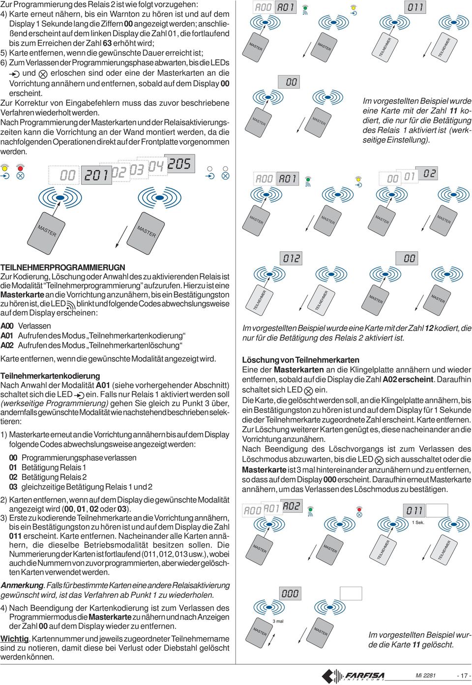 abwarten, bis die LEDs und erloschen sind oder eine der Masterkarten an die A Vorrichtung annähern und entfernen, sobald auf dem Display erscheint.