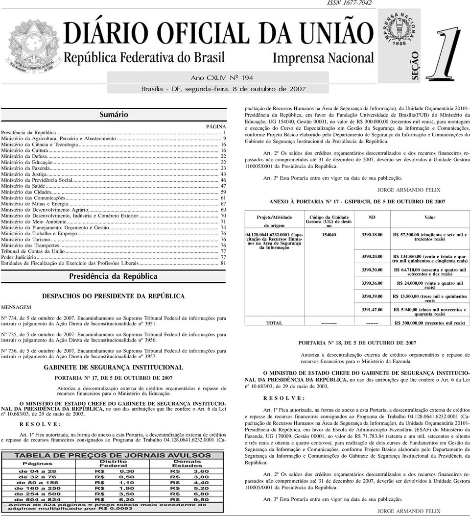 .. 23 Ministério d Justiç... 43 Ministério d Previdênci Socil... 46 Ministério d Súde... 47 Ministério ds Ciddes... 59 Ministério ds Comunicções... 61 Ministério de Mins e Energi.