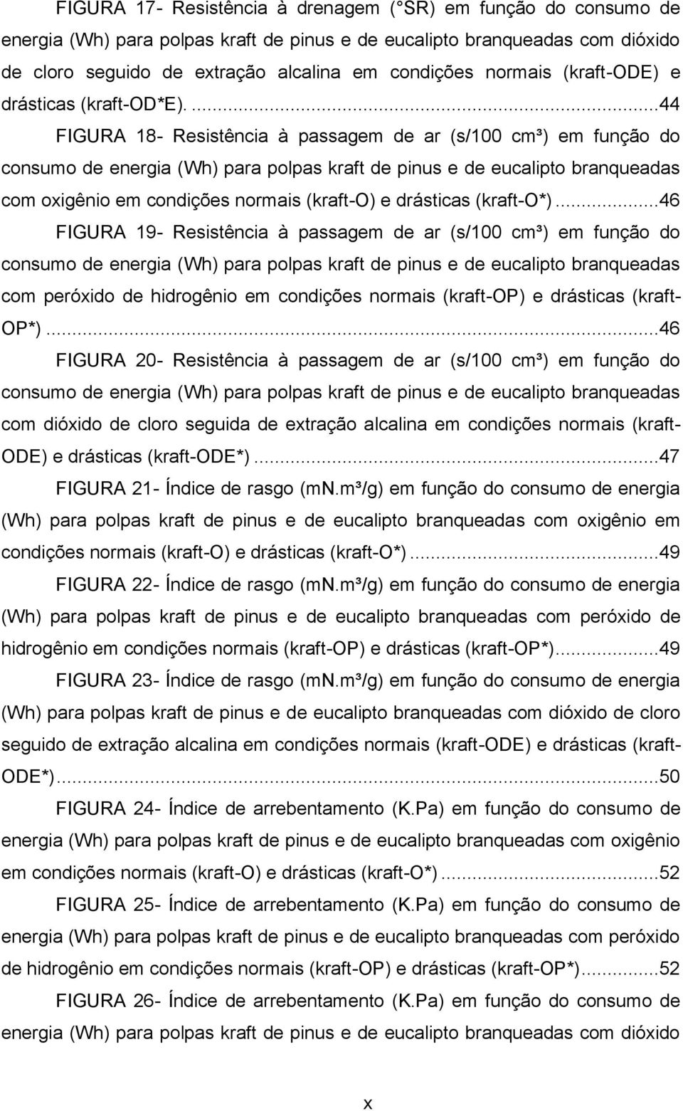 ...44 FIGURA 18- Resistência à passagem de ar (s/100 cm³) em função do consumo de energia (Wh) para polpas kraft de pinus e de eucalipto branqueadas com oxigênio em condições normais (kraft-o) e