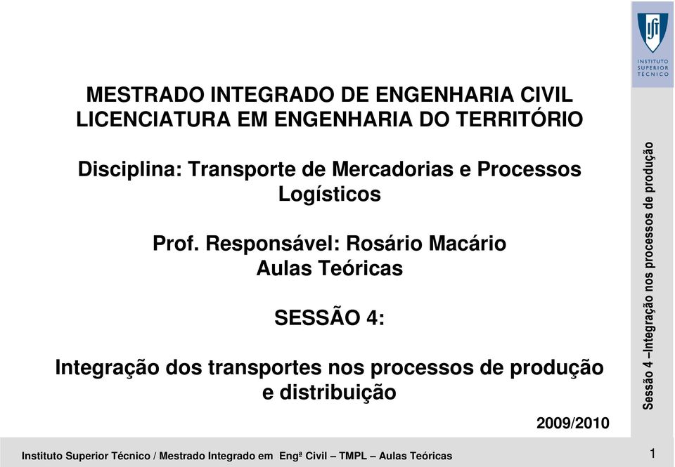 Responsável: Rosário Macário Aulas Teóricas SESSÃO 4: Integração dos transportes nos