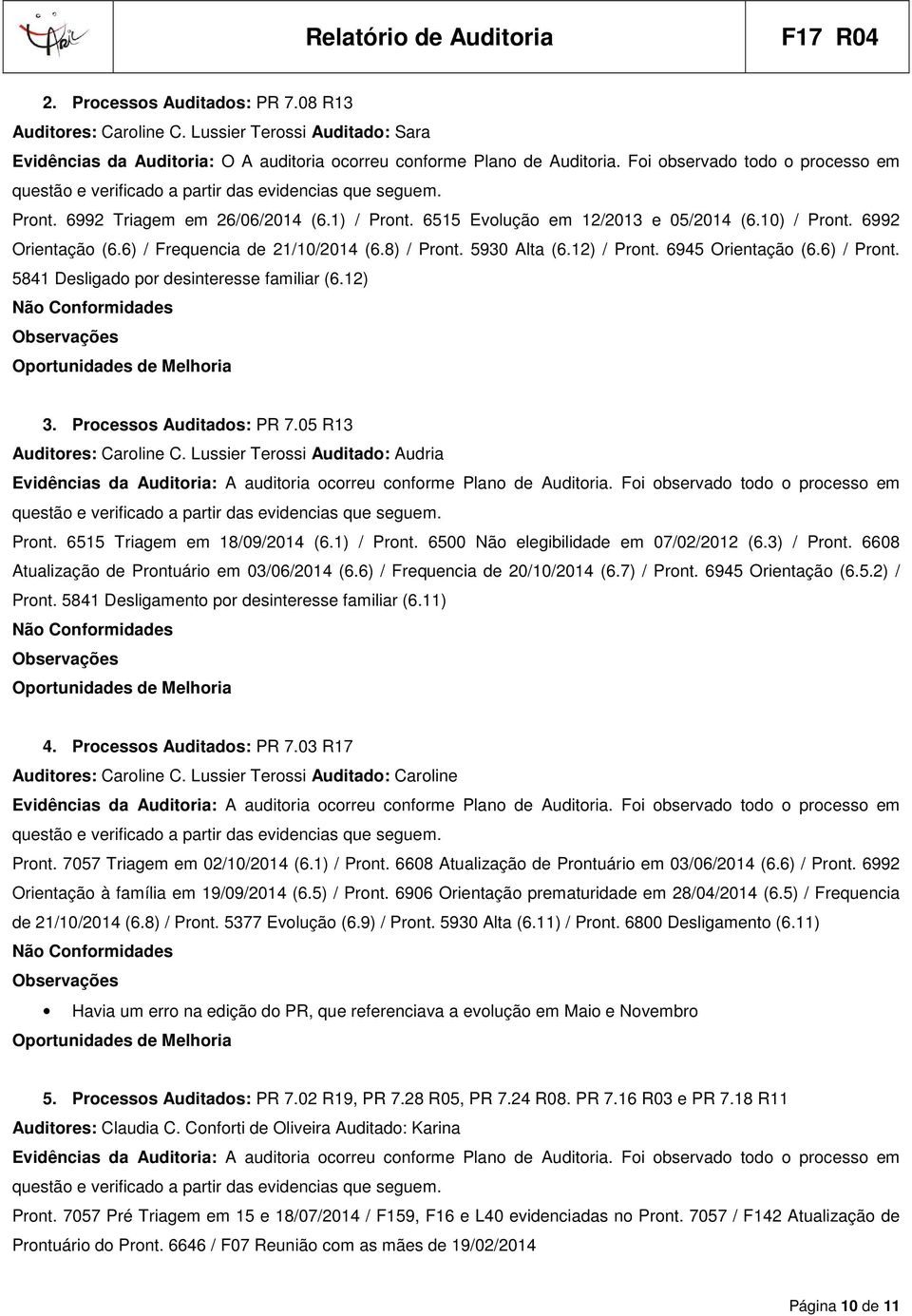 5930 Alta (6.12) / Pront. 6945 Orientação (6.6) / Pront. 5841 Desligado por desinteresse familiar (6.12) 3. Processos Auditados: PR 7.05 R13 Auditores: Caroline C.